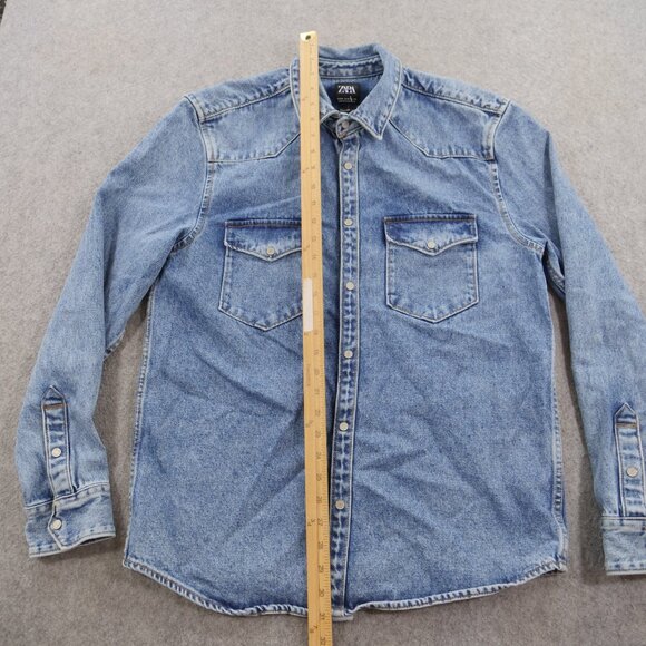 Zara Jacket Mens Medium Blue Denim Button Up Graphic Print MCM Pockets - Picture 6 of 12